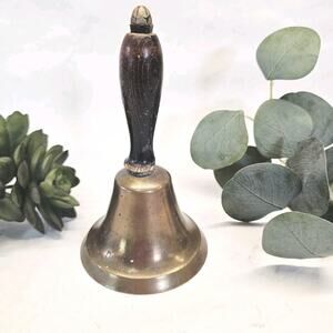 Vintage Brass Handheld Recess School Farm Dinner Bell Wood Handle 6 in tall